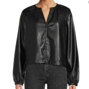 Avec Les Filles Feaux Leather Bubble Sleeve Blouse Small Black